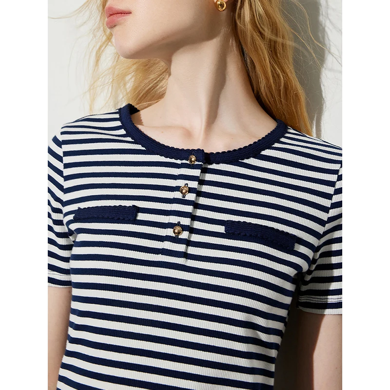 TOYOUTH Women Tee Tops 2024 Summer New Slim Fit Short Sleeve Striped Round Neck T-shirt Top