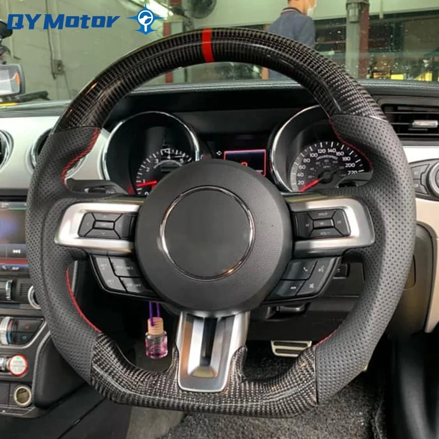 Real Carbon Fiber Steering Wheel Perforated Leather Red Fit for 2015-2023 Ford Mustang GT EcoBoost  Shelby Sport Racing Wheel