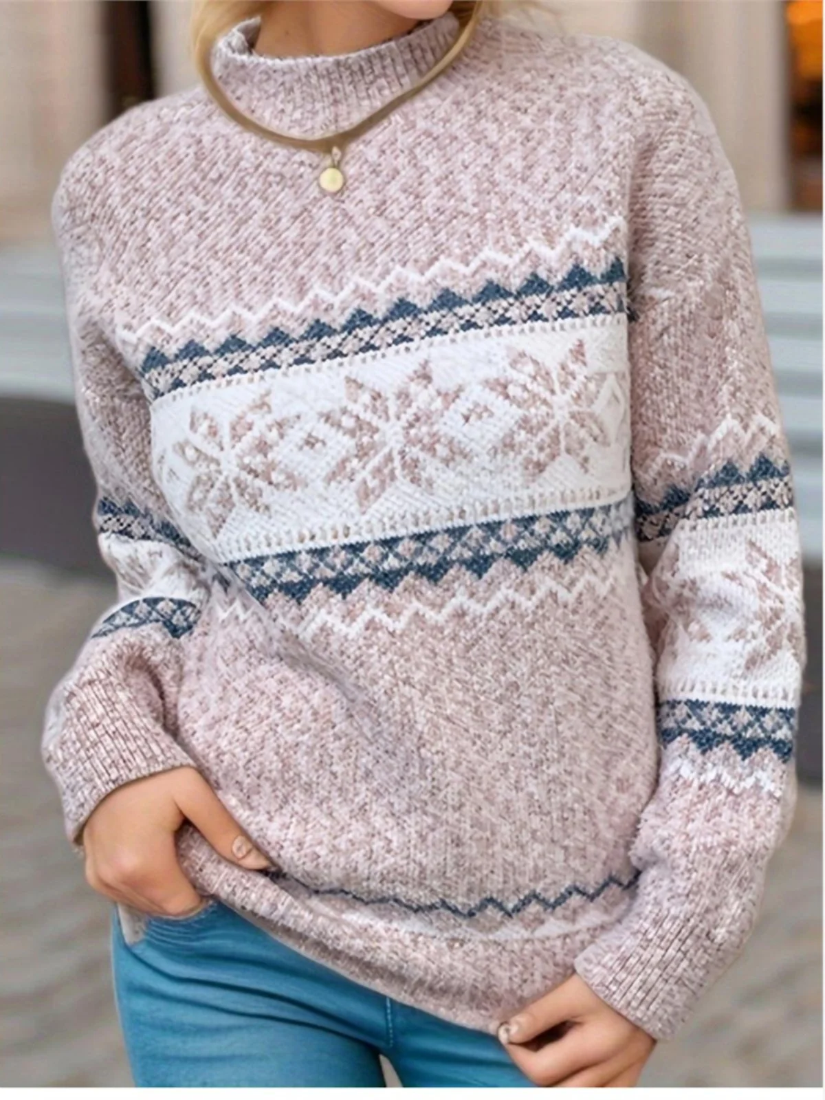 Cisas High Collar Snowflake Sweater Cisas Turtlene Sweater aanil Long Sve Sweet Sle Acrylic Blend Knitted Sweater