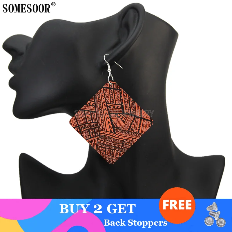 SOMESOOR Polynesian Art Hawaiian Tattoo Women Wooden Drop Earrings Seamless Samoan Fabric Print Sqaure African Wood Dangle Gifts