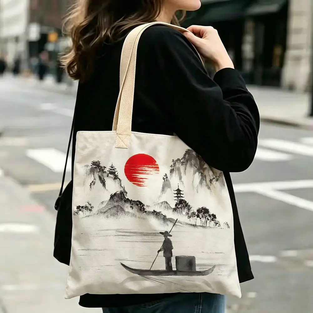 Japanese Cherry Blossoms & Mt. Fuji Pattern Tote Bag Large Capacity Shoulder Bag Women's Casual Handbag For Work School Shopping