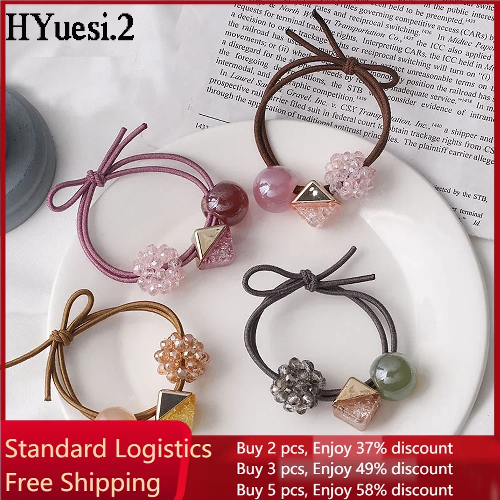 Sweet Round Crystal Beaded Hair Ties Transparent Geometric Square Charms Hair Rope Women Girls Elastic Ponytail Rubber Bands