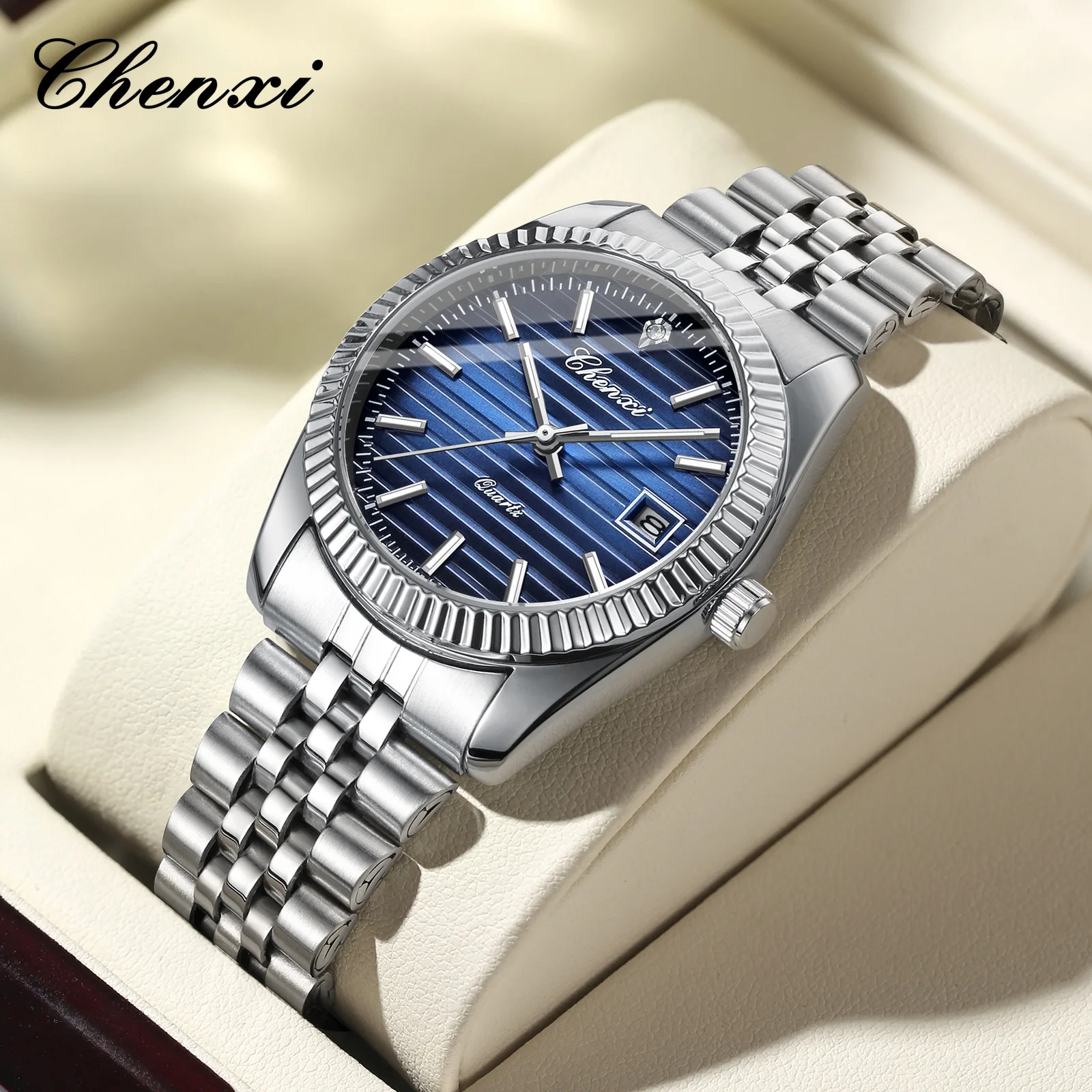 

CHENXI 004D Men's Quartz Watches Silvery Blue Fashion Casual Luminous Date Analog Display Stainless Steel Watch for Male Clock