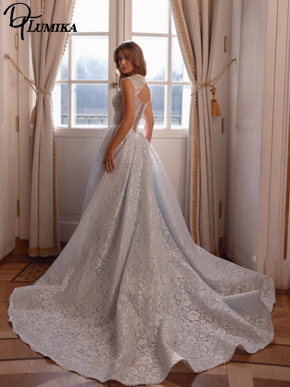 Airy Square Neck Lace Wedding Dress Corset Bridal Gown Graceful Light Blue High Slit Floor Length Customized Vestidos De Novia