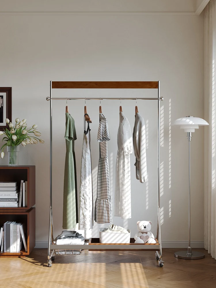 French second-hand storage hanger floor-standing bedroom household movable coat rack solid wood clothes corner simple