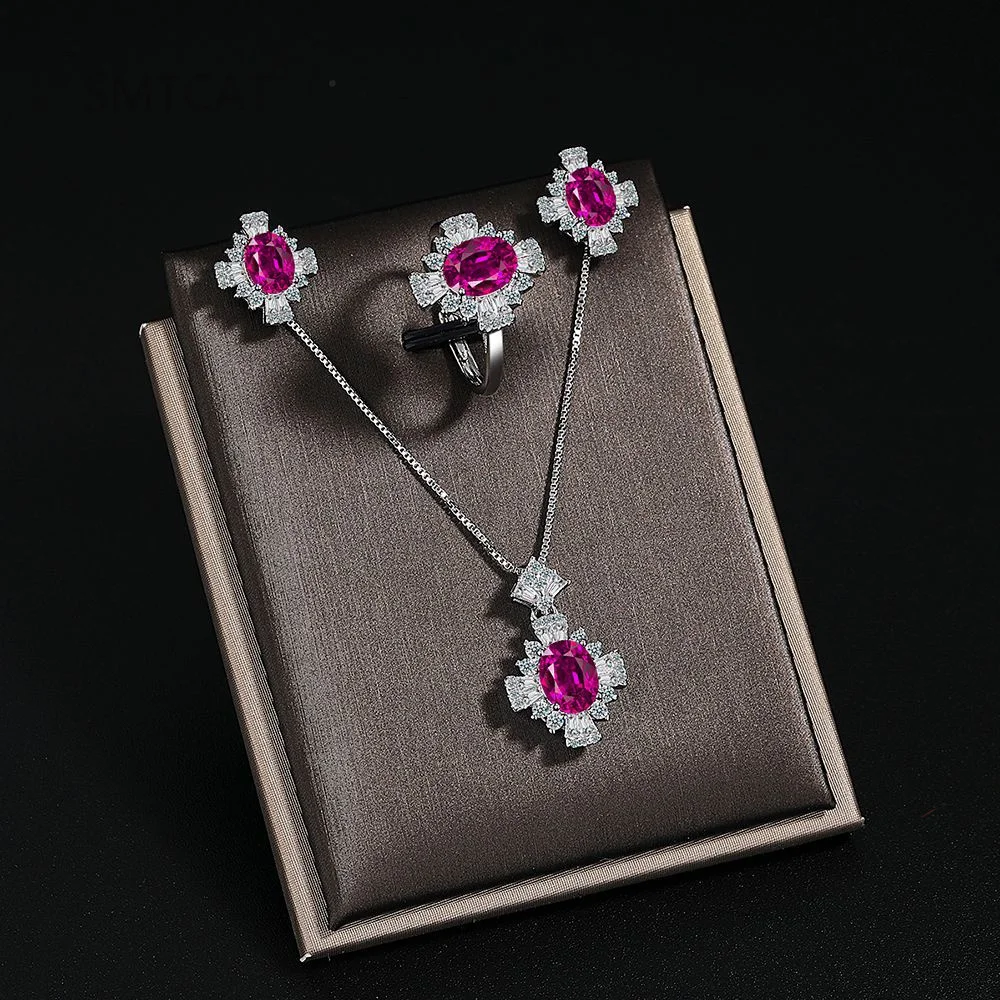 

Oval Cut Created Red Ruby Natural Garnet 925 Sterling Silver Cross Jewelry Set Earring+Necklace+Ring for Women Gemstone Jewelry