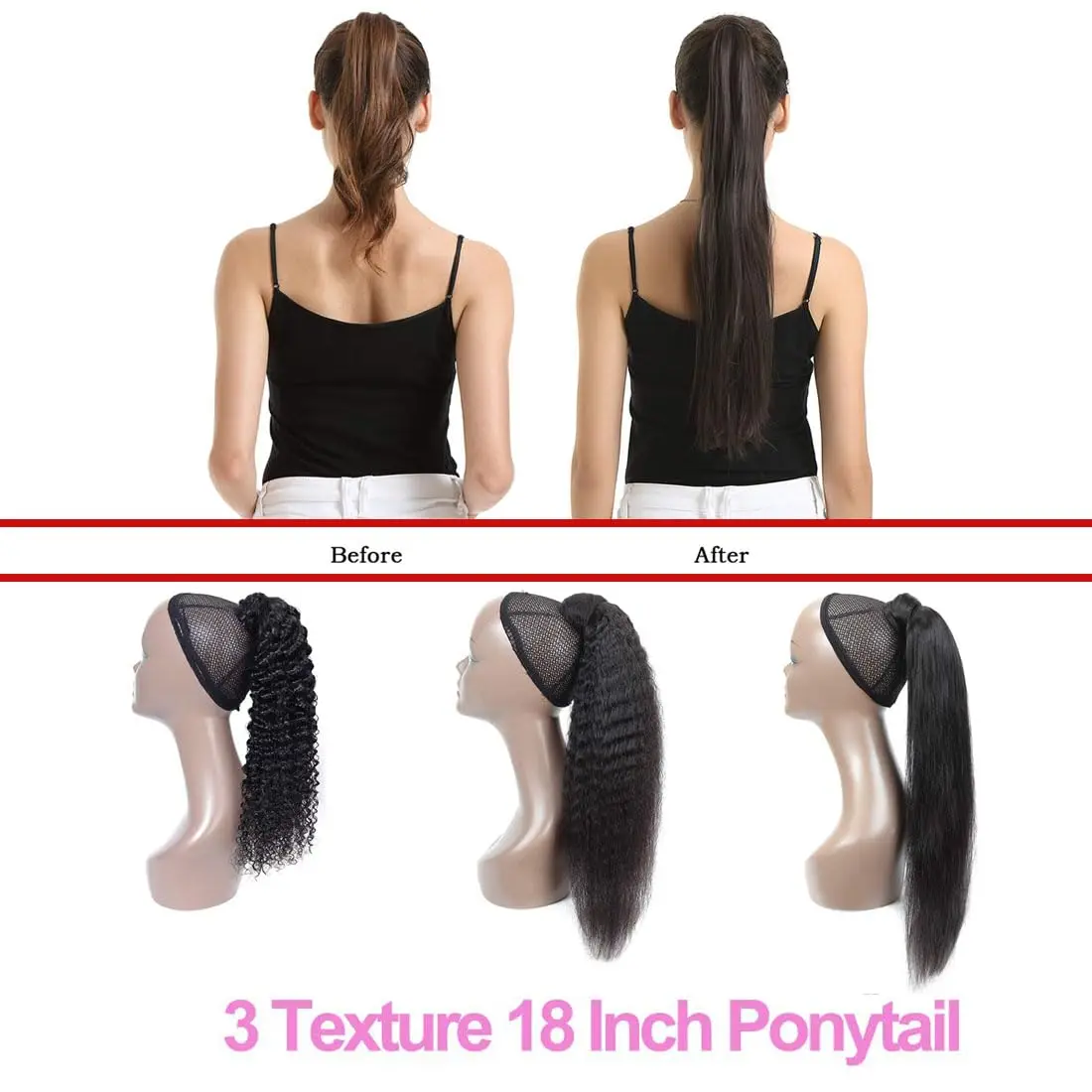 شعر بشري مستقيم على شكل ذيل حصان مع شريط سحري ملفوف، وصلات شعر برازيلية متموجة على شكل ذيل حصان، لون أسود طبيعي