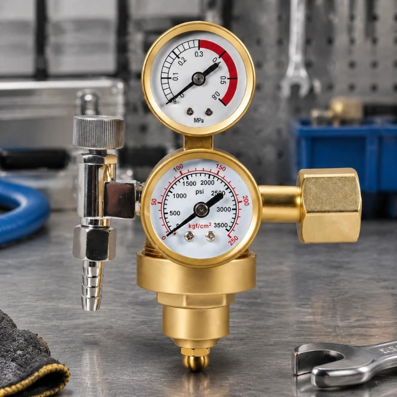 Adjustable Welding Gas Regulator with Separate Cylinder and Output Pressure Indicators, Side Control Knob and Ribbed M4YD