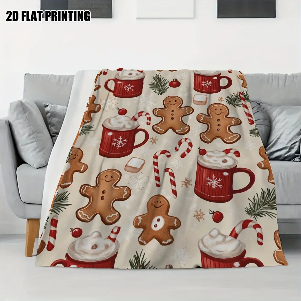 Christmas Gingerbread Cocoa Flannel Throw Blanket - Soft Warm All-Season Red & White Gingerbread Men, Candy Canes & Snowflakes D