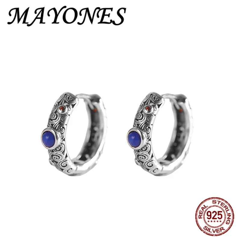 

S925 Silver Auspicious Cloud Hollowed Out Lapis Lazuli Hoop Earrings For Women Vintage Thai Silver Minimalist Ethnic Style