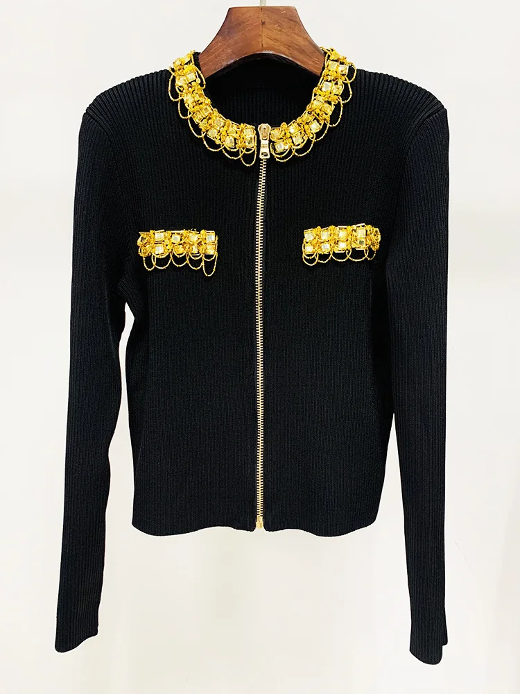 

2023 Spring Europe Style Chic Women's High Quality Beading Diamonds Knitted Jackets C237