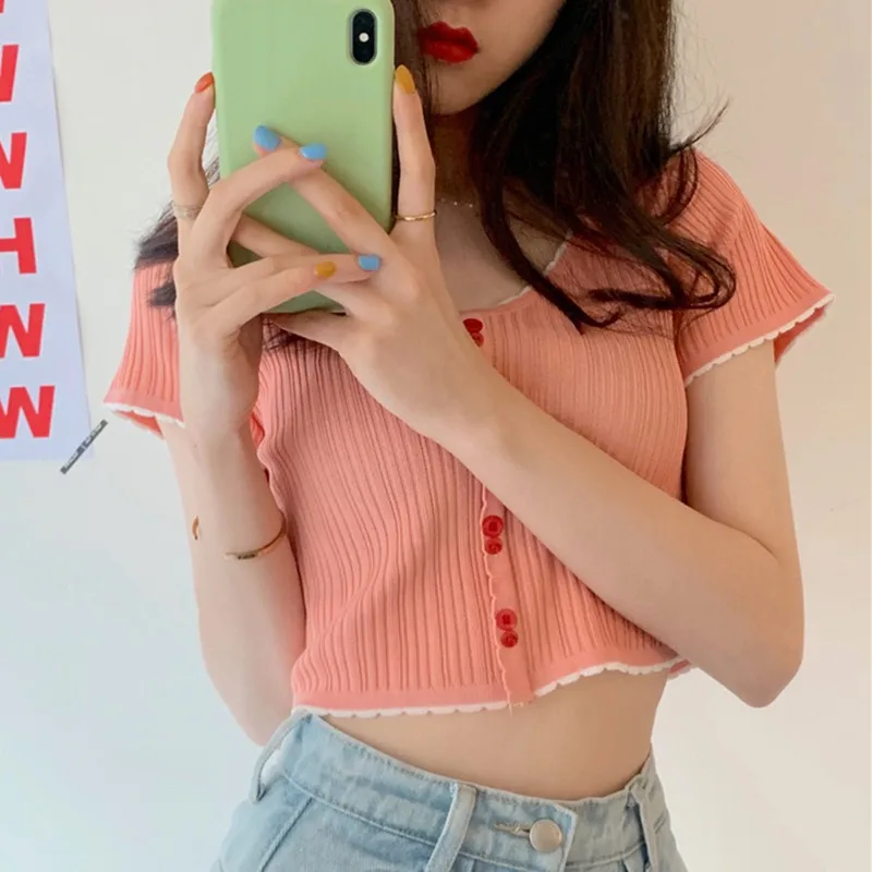 V Neck Patchwork Women Short Sleeve Knitted Crop Top Casual T-Shirt Top T Shirt