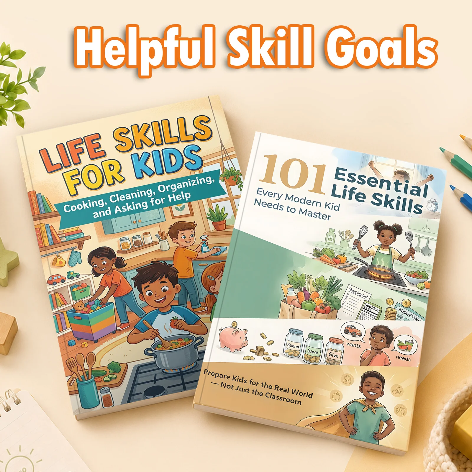 2-Book Everyday Independence Set for Kids, Practical Life Skills Guides on Cooking, Cleaning, Organizing, Asking for Help