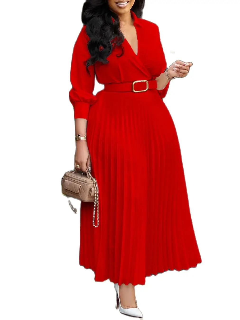 2024 Spring With Belt Trendy Dresses Women Lady Elegant Solid Color Long sleeve V-neck Pleated Dress Elegant Casual Dresses