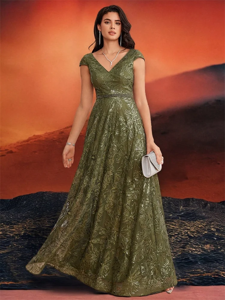 

Новые роскошные вечерние платья с V-образным вырезом, зелеными пайетками и бисером, элегантные длинные женские платья с V-образной спинкой для свадеб, вечеринок, выпускных и коктейльных мероприятий