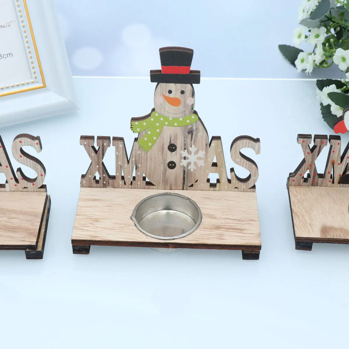 3Pcs Wooden Candlestick Set Christmas Elk Santa Snowman Design Tealight Holder Festive Home Office Decor Wood Holder