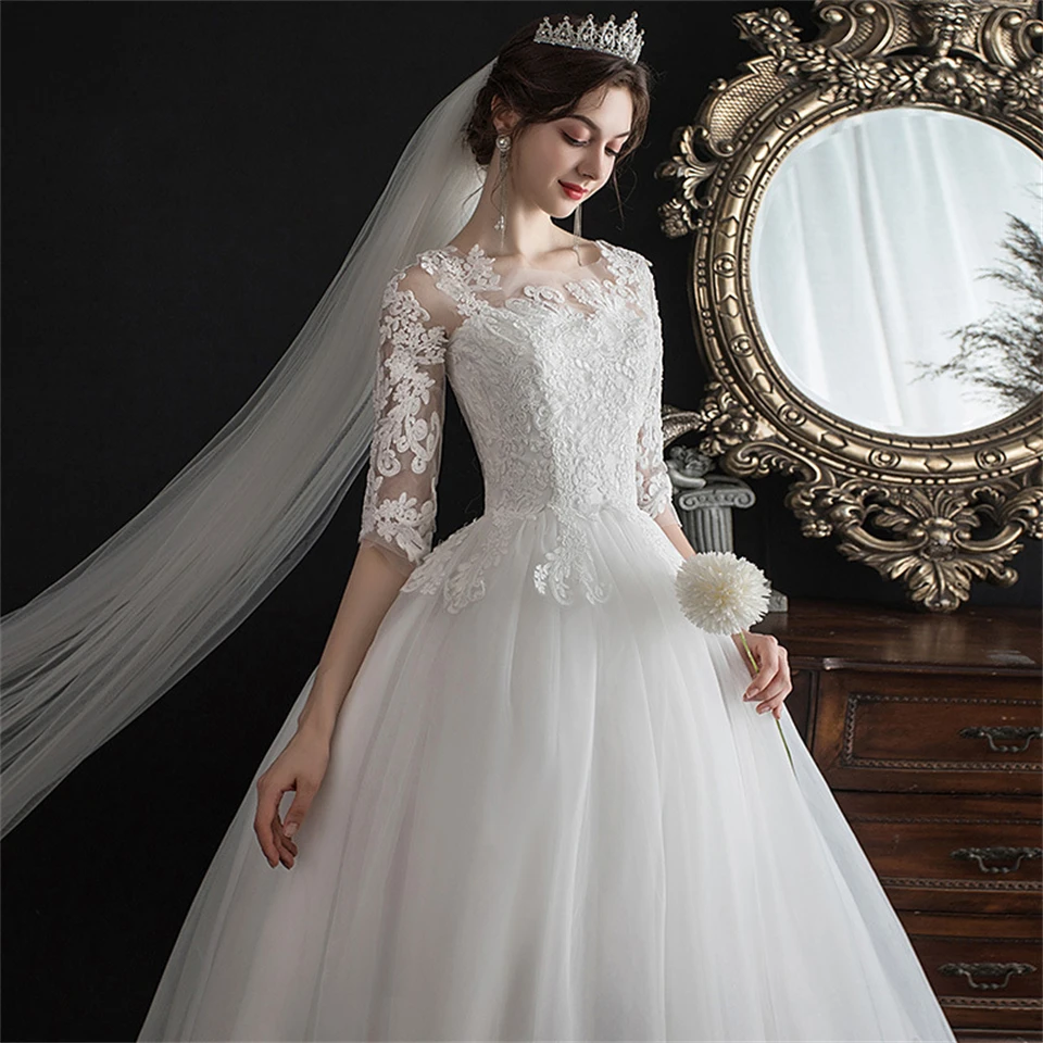 Robe de mariée élégante à col rond avec appliques en dentelle, robes de Rh, train de balayage, patients, quelle que soit la robe de mariée, 2024