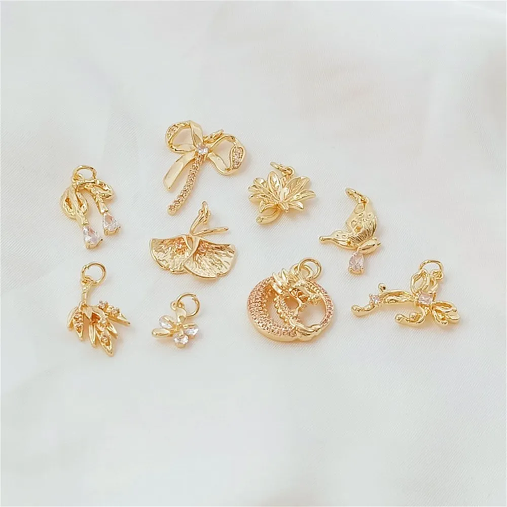 14K Gold-plated and Zirconium-inlaid Maple Leaf Flying Saucer, Ginkgo Leaf Bow Dragon Pendant DIY Accessory