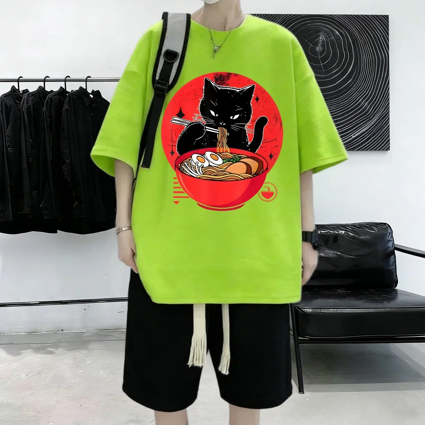 Enjoy The Cat Of Lamian Noodles Print Mens Summer Cotton Casual Tops High Street Simple T-Shirts Vintage Fashion Unisex Clothes