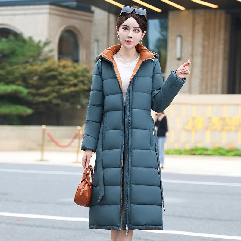 

Двусторонняя одежда, зимние женские длинные парки X-длинные пуховые куртки с хлопковой подкладкой, пальто с капюшоном, женская тонкая утепленная верхняя одежда с поясом