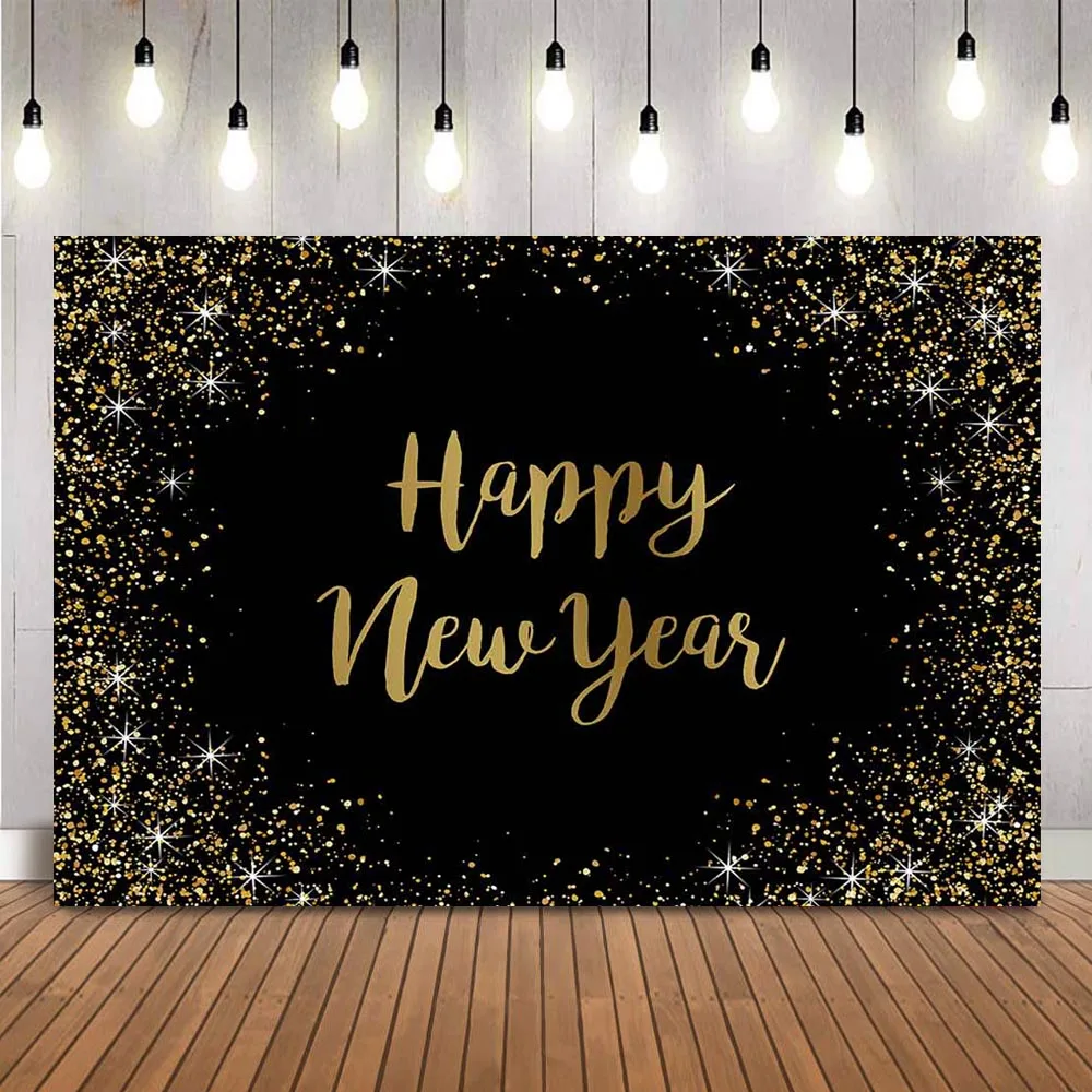 Happy New Year Backdrop Black Glitter Background for Photo Studio Shiny Customize Personalize Photocall Newbron Family Holiday