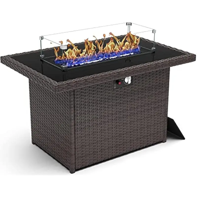 44 Inch Rectangular Outdoor Fire Table with 60000 BTU LPG Burner, Weatherproof Wicker Frame, Tempered Glass Wind Shield, Brown S