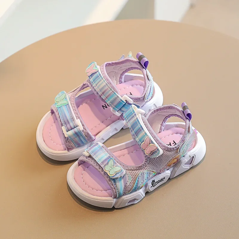 Girls Sandals 2022 Summer New Style Butterfly Breathable Mesh Soft Sole PVC Princess Flat Shoes Baby Girl Sport Beach Sandals