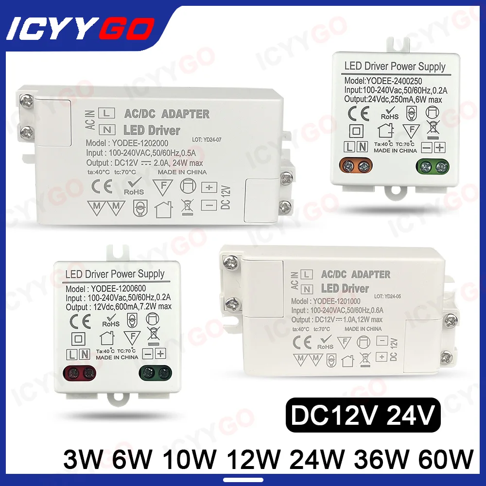 DC12V 24V zasilacz prądu stałego 3W 6W 10W 12W 24W 36W 60W transformator oświetleniowy 1A 2A 3A 5A zasilacz napędowy