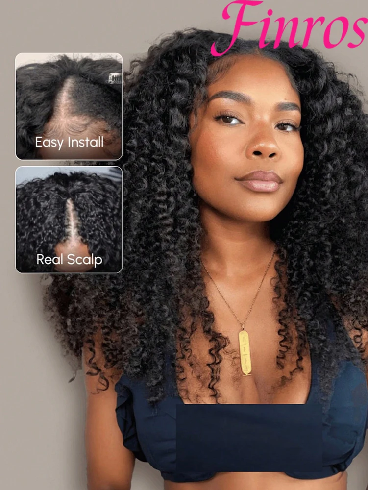 

Finros V Part Wig Human Hair Knky Curly Glueless Wig No Leave Out Easy Blend Clip In Half Deep Wave V Part Wig For Black Women