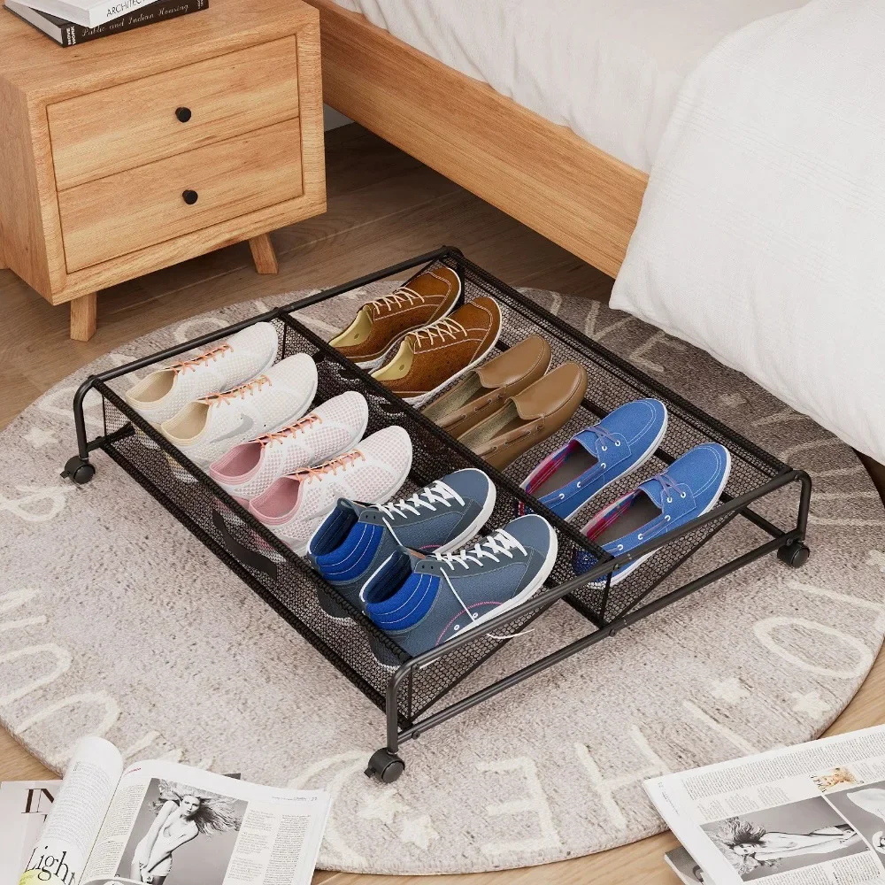 Storage Shoe Rack Under The Bed Movable Shoes Organization Bed Bottom Storage Boxes Space-Saving Large Capacity Grid Shoe Rack