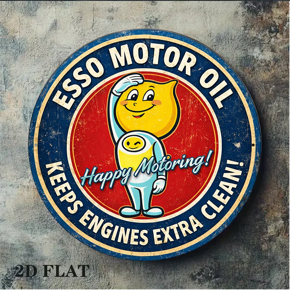 CIFBUY ESSO Motor Oil Round Metal Tin Sign Vintage Happy Motoring Wall Decor Garage Man Cave Bar Retro Engine Plaque