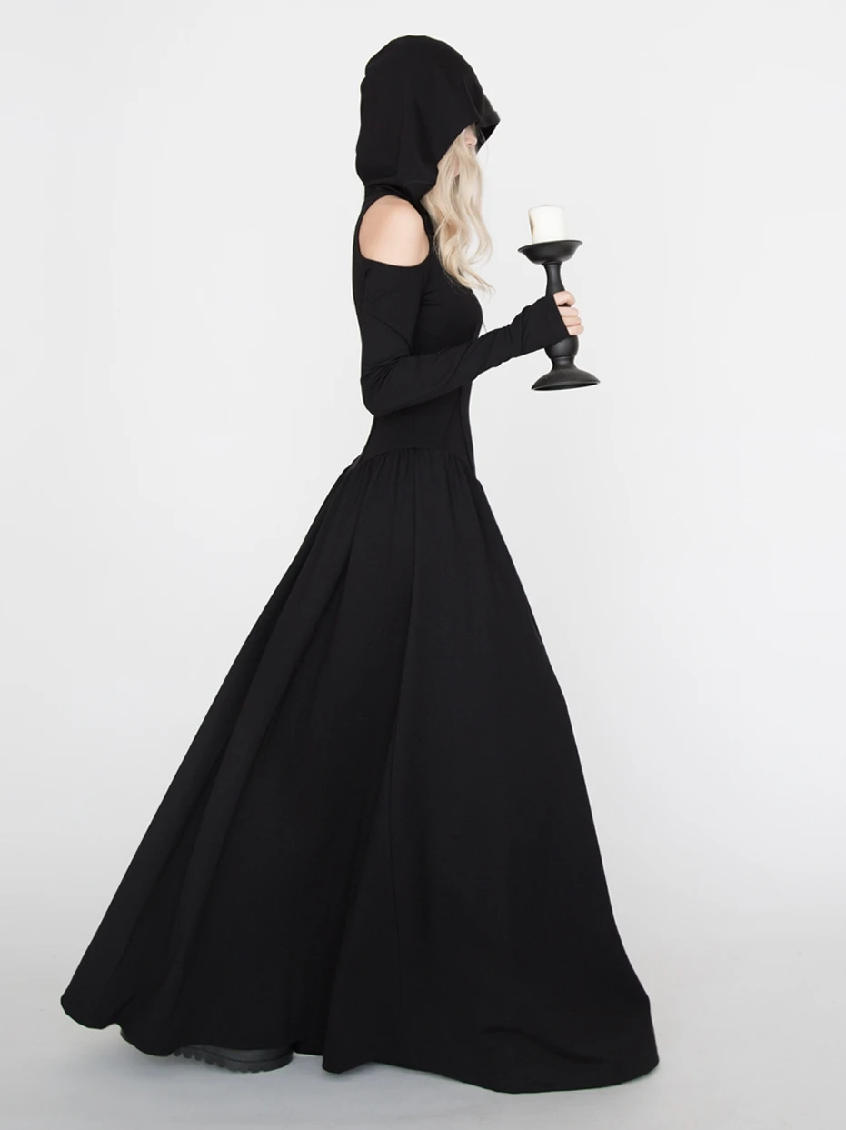 

Готическое платье с длинными рукавами для осени и зимы, черное, оригинальный дизайн, с завышенной талией, А-силуэт.