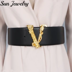 Width 6.5CM Waist Belt Women Metallic Gold Large V-shaped Cowhide Decoration Versatile Fashion Commuter Dress Jacket Jeans Belt