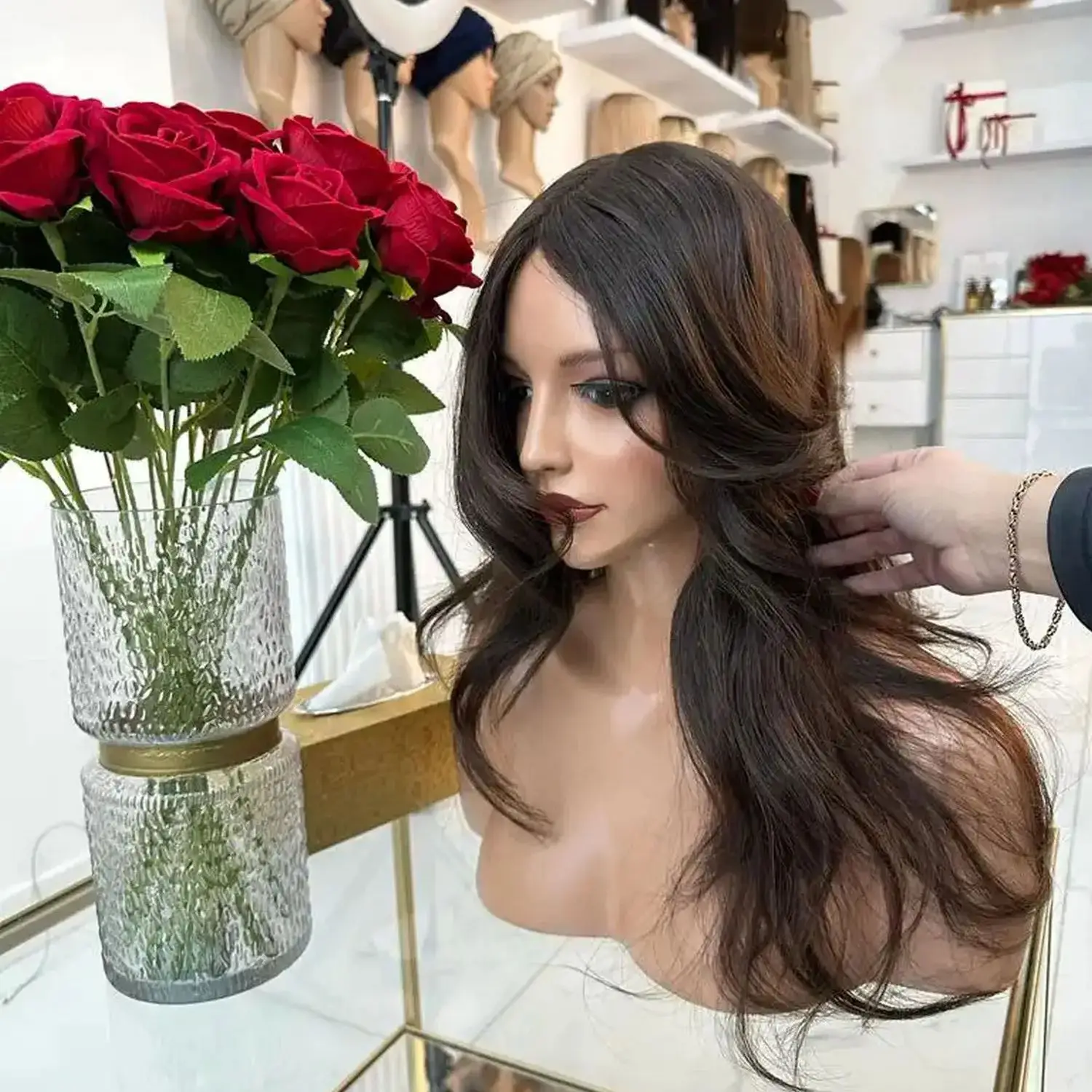 

22 Inches Loose Wave Chocolate Brown Synthetic Lace Top Wigs Brunette Free Part Heat Resistant Fiber Wigs High Quality Top Sale