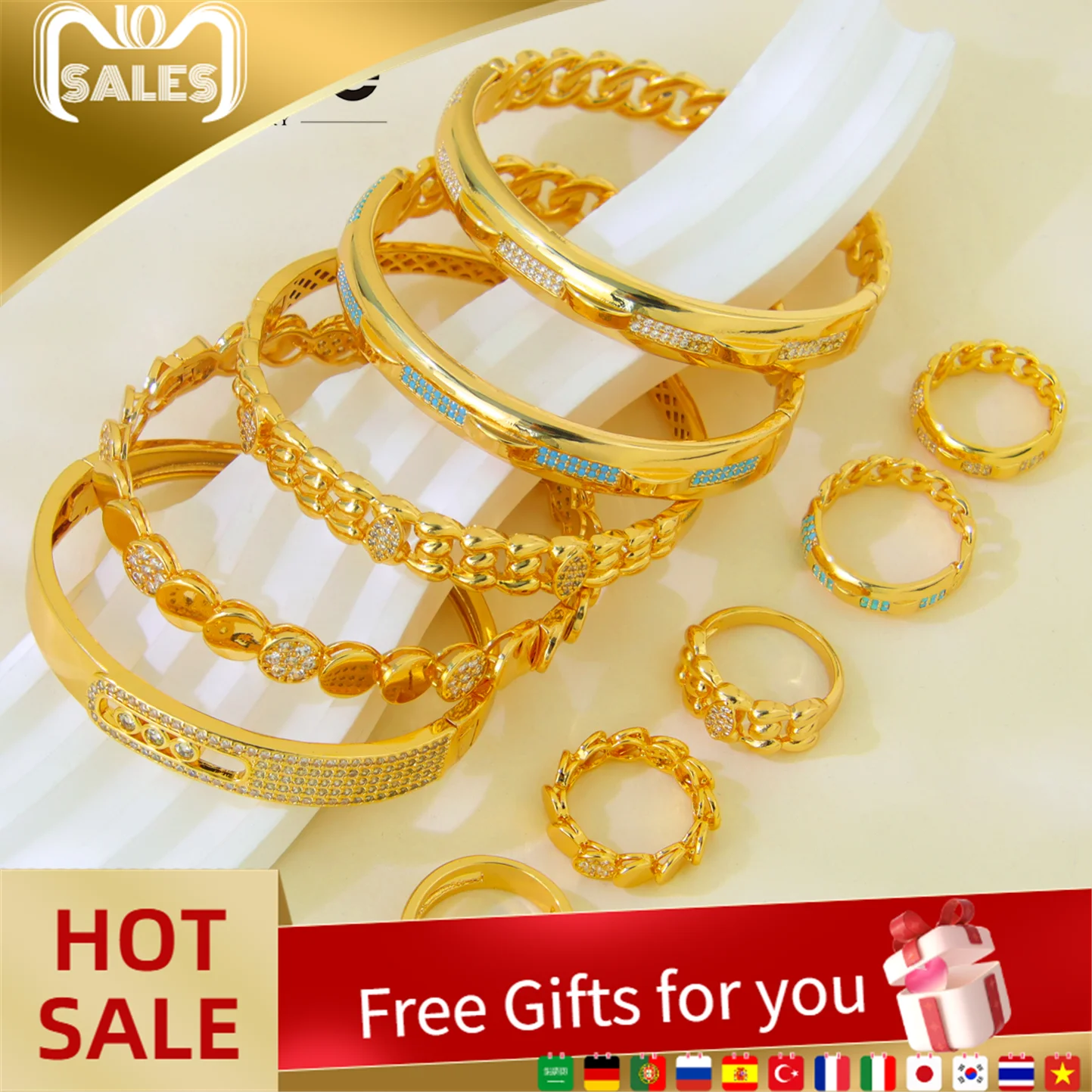 

Luxury Brazilian Gold Jewelry Bangles Ring Set 21k Gold Plated Italian Zirconia Open Bracelet Dubai Women Wedding Jewelrys