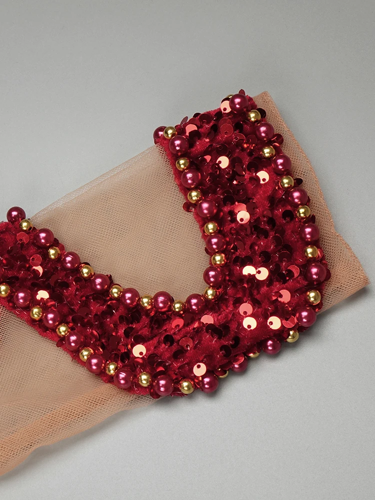 فساتين سهرة أنيقة للحفلات فيستدو أحمر لامع ترتر لؤلؤي سلسلة شفافة من خلال شبكة فستان طويل بأكمام طويلة مطرز بالخرز ماكسي #5