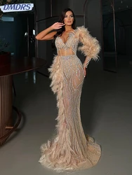 Sexy Illusion Deep V-neck Cocktail Dresses Sequins Bead Evening Dress Luxury Feather Mermaid Prom Gown Customized Robe De Mariée