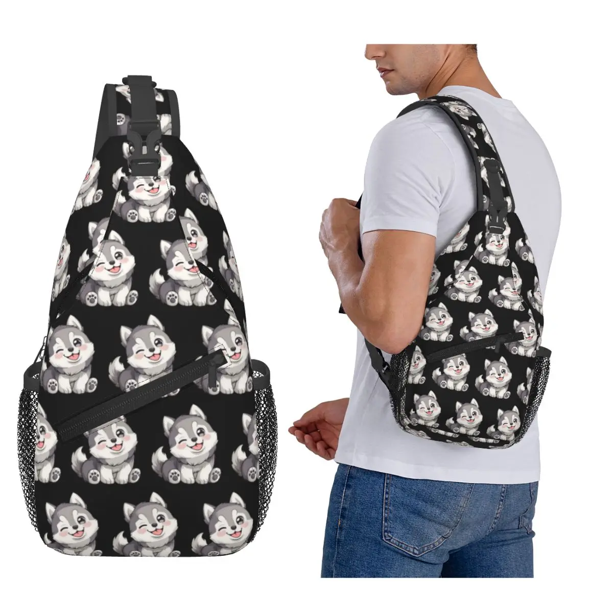 

Cute Winking Kawaii Husky Chest Bag Men Sling Crossbody Backpack Chest Bag Traveling Hiking Daypack Shoulder Bag