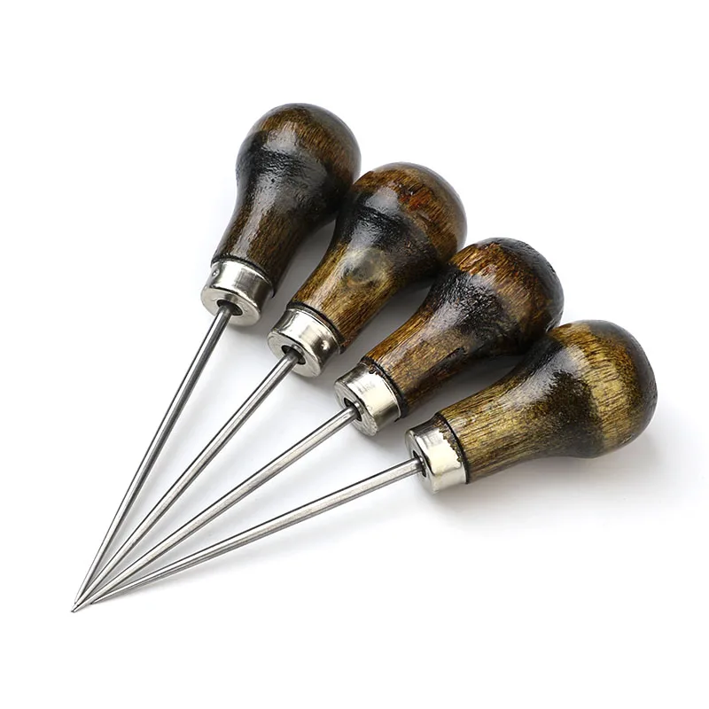 1PCS Wooden Handle Awls DIY Leather Sewing Awl Shoes Repair Tool Hand Stitcher Leather Craft Awl Punch Hole Leather Tools