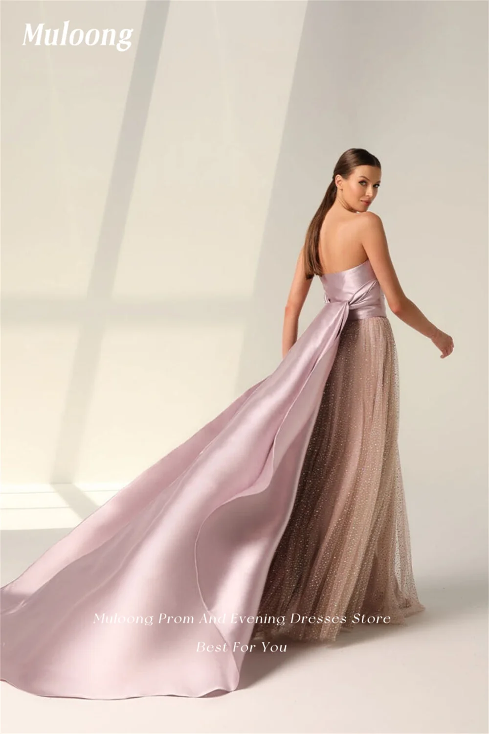 Muloong Light Purple Strapless Evening Dresses A Line Floor Length Prom Gown Long Shawl Sequins Tulle Luxury Woman Party Dress