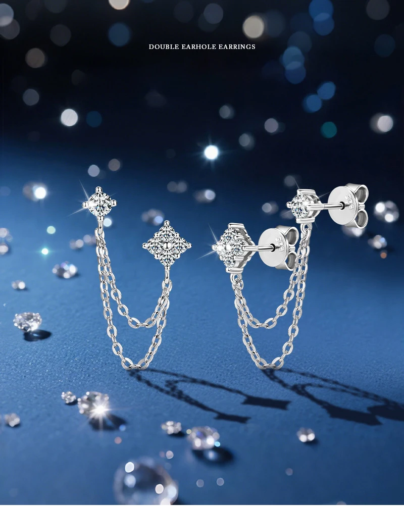 Women's  Clover Double Stud Earrings with Moissanite Stylish Fashion S925 Silver Chain Tassel Ear Threads