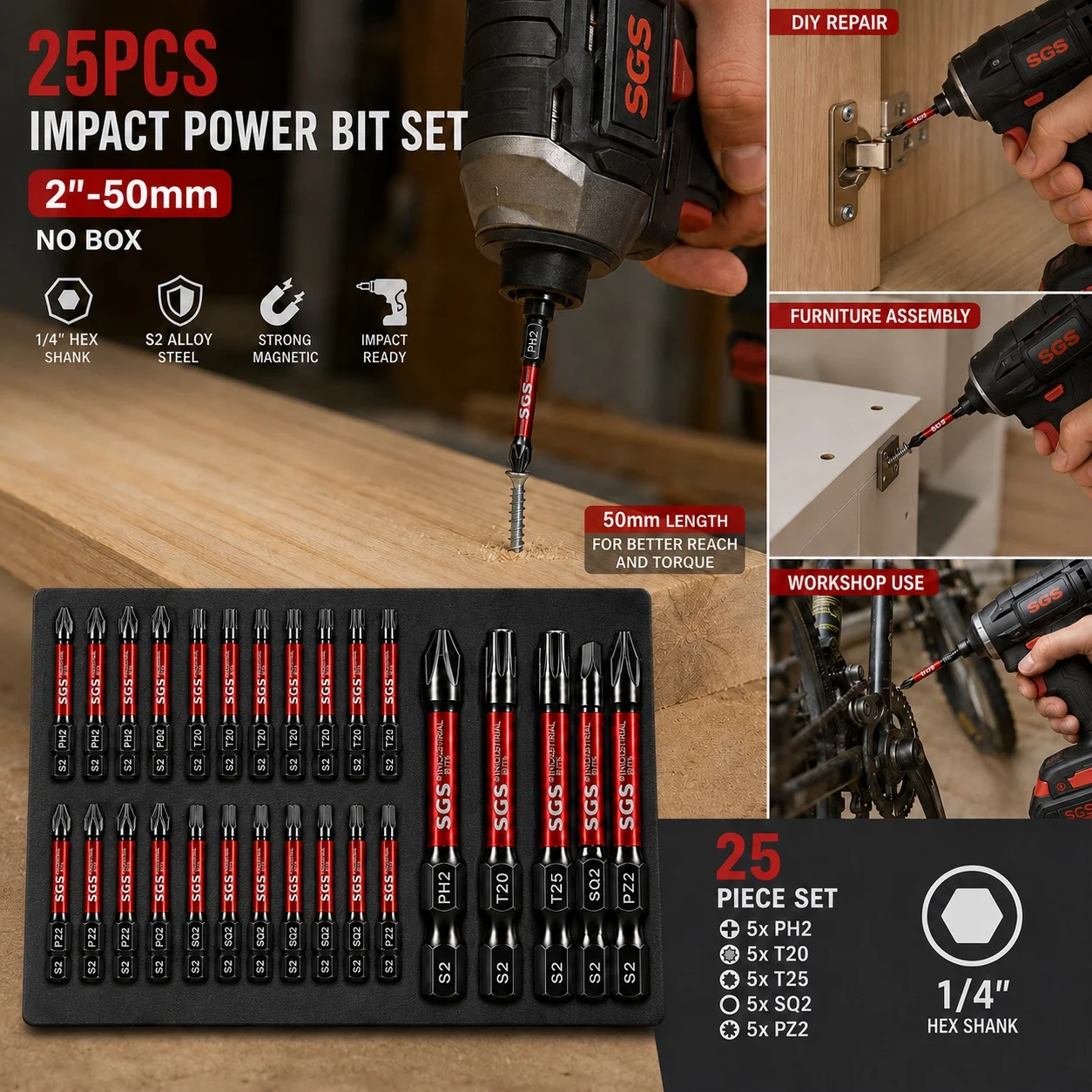 25-teiliges Set 50mm S2 Stahl Starke Magnetische Schlagschrauber-Bits Ph2/Pz2/T20/T25/Sq2 1/4 Zoll Sechskant-Schaft Elektroschrauber-Bits für Möbelmontage und Reparatur DIY – Detail 6