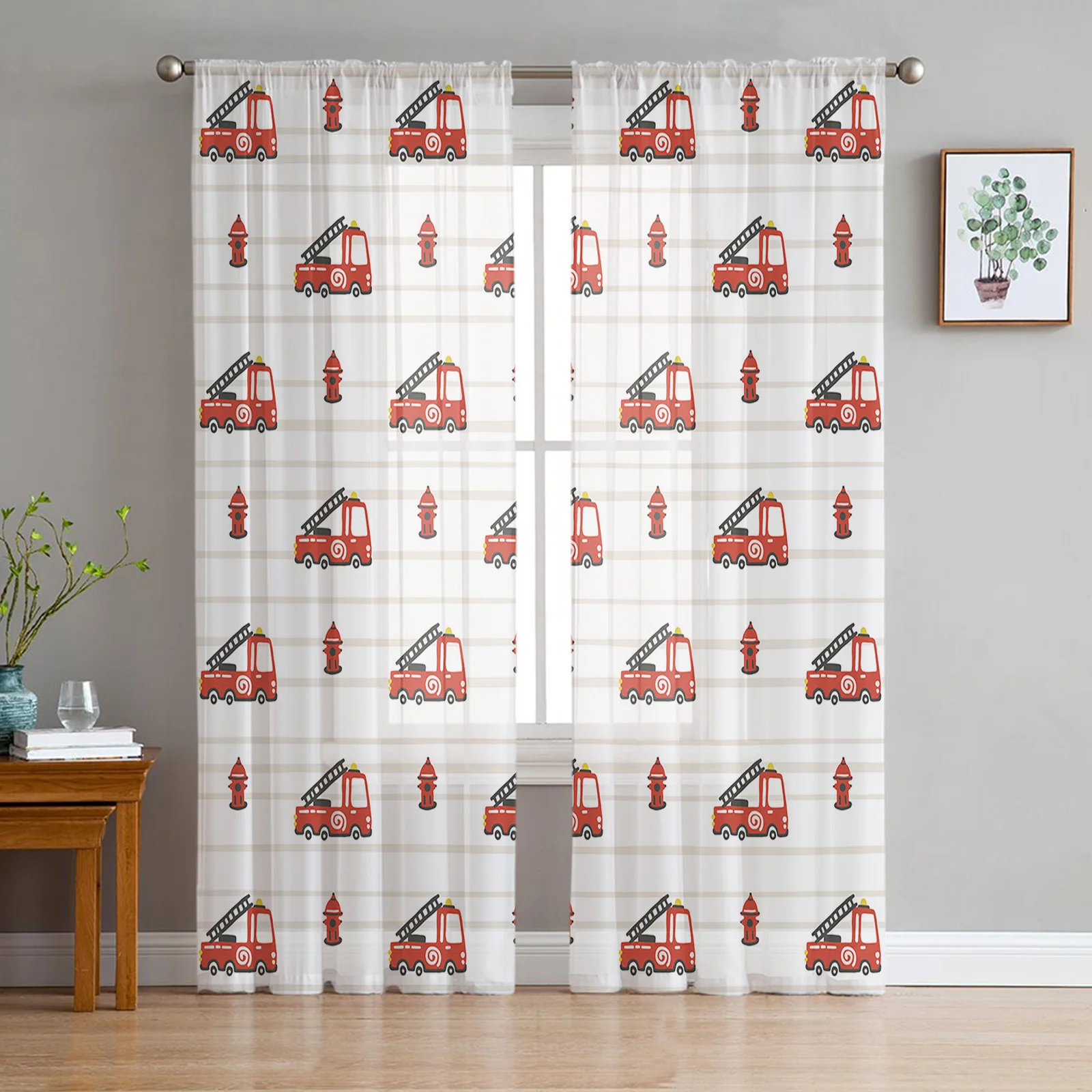 Fire Engine Cartoon Sheer Curtains for Living Room Decoration Window Curtains for Kitchen Tulle Voile Organza Curtains