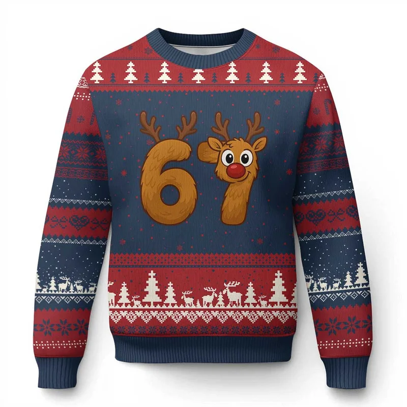 2027 Bigfoot Reindeer Snowman and Raven Sweaters with Six Seven Art An Ugly Christmas Sweater for Funny Holiday Winter Outfits