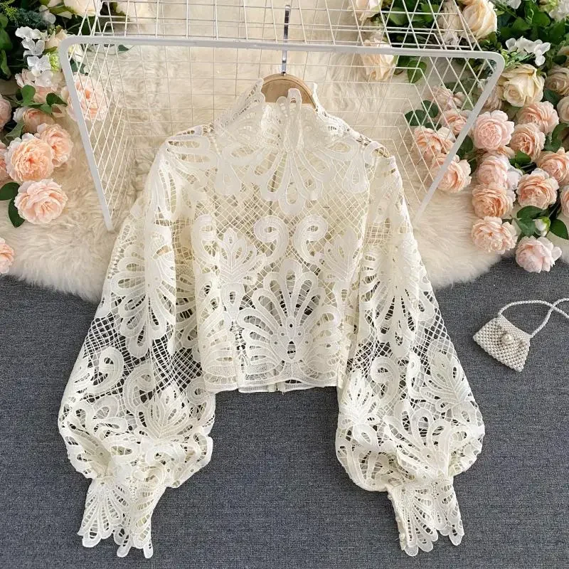 Lace Hollow Out Short Blouse Casual Lantern Long Sleeve Stand Collar Shirts Female Elegant Red/Pink/White Tops