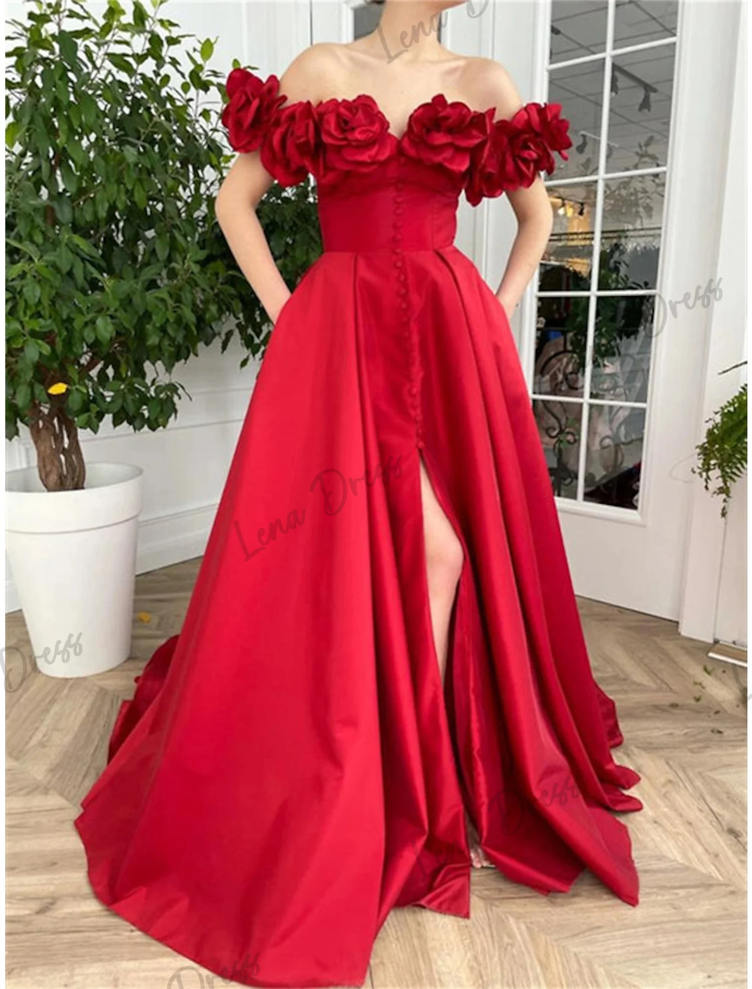 Lena-Red Taffeta Prom Dress Off Shoulder A-line Evening Dress Split Handmade Flower Button Long Formal Party Dress