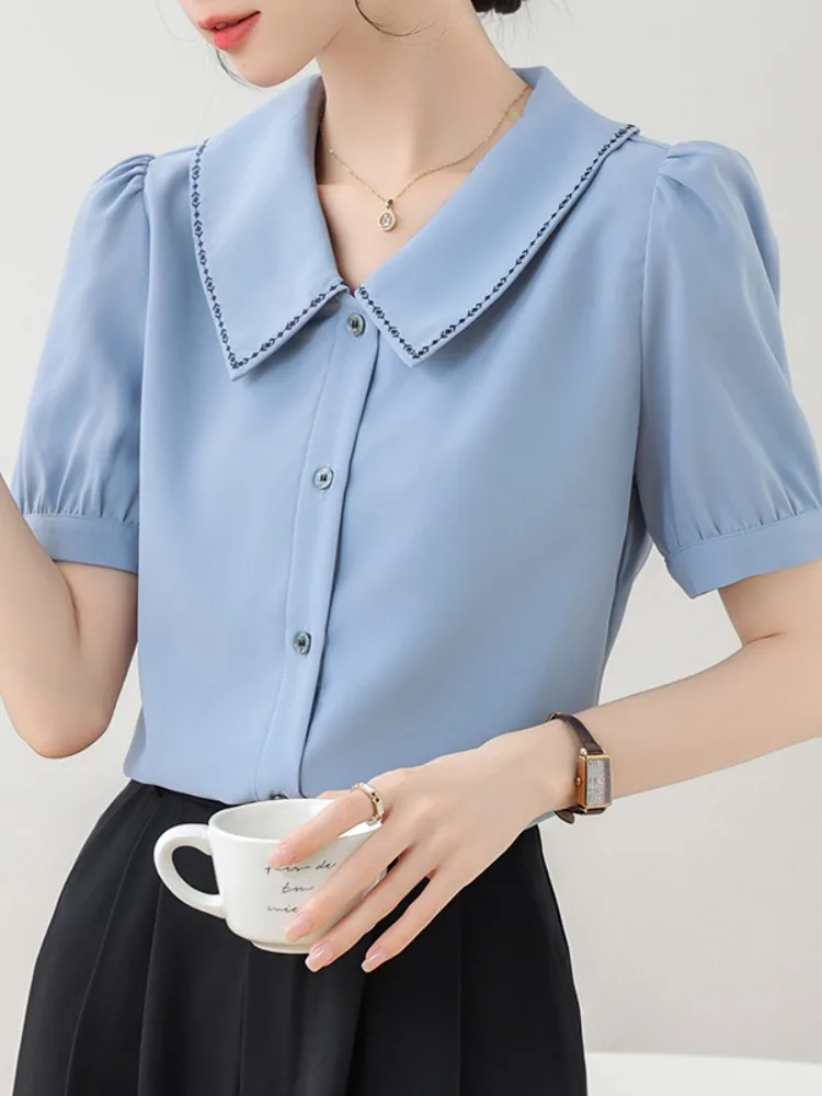 디자인 센세이션 돌 칼라 오르트 스웨 여성용 한국 스타일 버블 스웨 쉬폰 탑 출퇴근용 고급스러운 여름 신상품