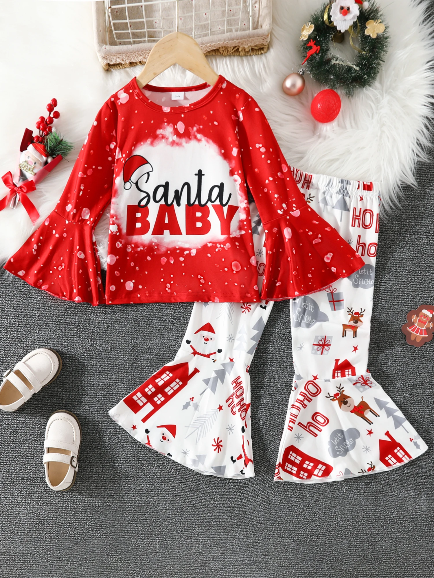 

Girls Christmas Outfit Cute Long Sleeve T-shirt with Flare Pants Set Festive Letters Print for Kids Holiday Style