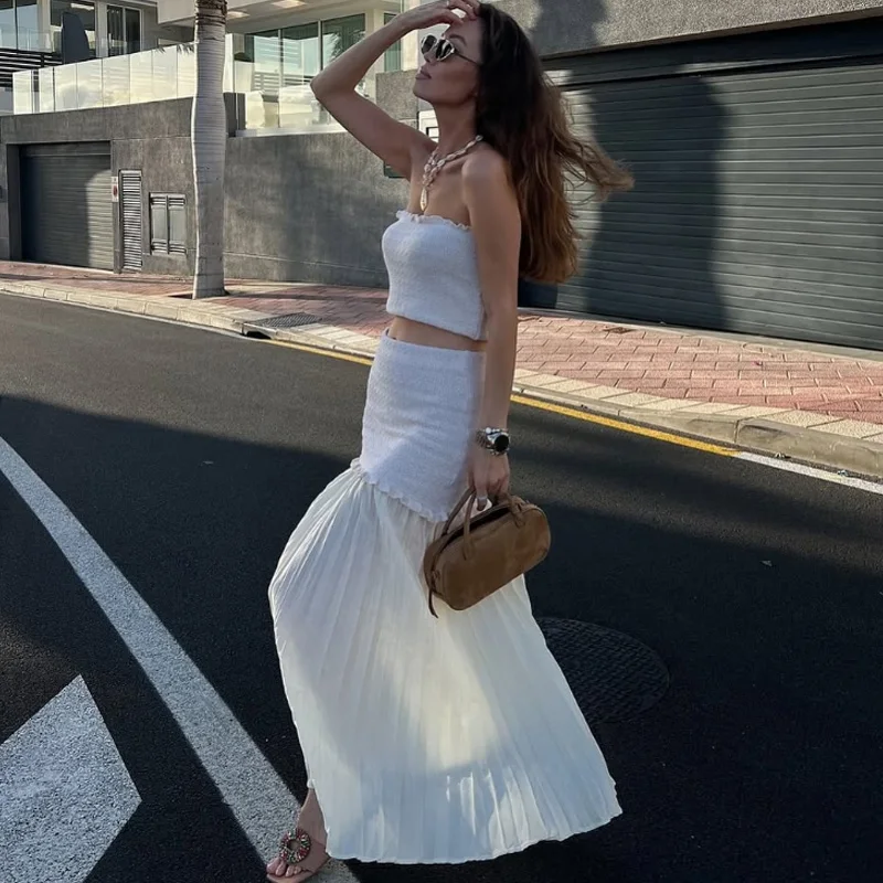 Hxao nova malha 2 peças conjunto para mulher plissado saia longa outfit feminino duas peças conjunto espartilho superior retalhos saias conjuntos 088