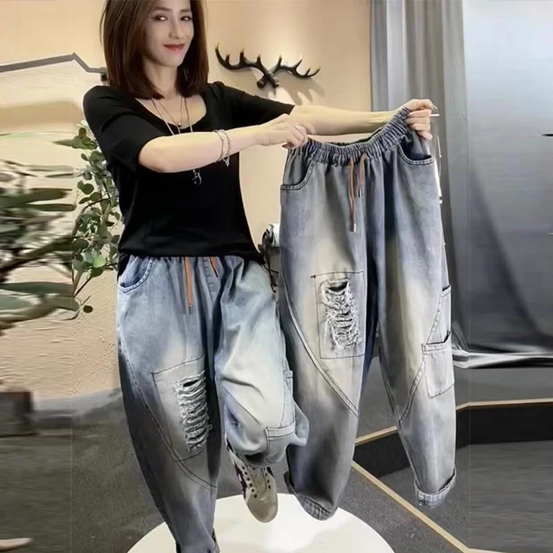 

Summer New plus Size Loose Jeans Wide Leg Pants High Waist Cabbage Hollow out Torn Harlan Nine Points Pants